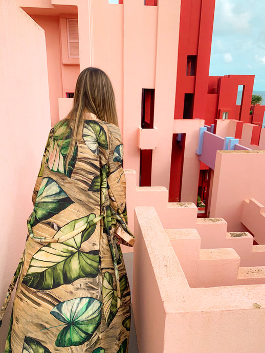 KIMONO for beach with green and gold perfect for summer days natural look with sustainable fabrics, ethical work. Shot in MUralla rOJA, Spain, visit spain and muralla roja