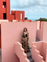 Load image into Gallery viewer, KIMONO for beach with green and gold perfect for summer days natural look with sustainable fabrics, ethical work. Shot in MUralla rOJA, Spain, visit spain and muralla roja