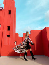 Load image into Gallery viewer, KIMONO ANIMAL PRINT LEOPARD, PERFECT FOR SUMMER AND BEACH AND PARTY, STYLED WITH BLACK BOOTS AND BLACK SHORTS, BREATHABLE MATERIAL, SUSTAINABLE FABRIC, ETHICAL BRAN, KIMOIO