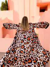 Load image into Gallery viewer, KIMONO ANIMAL PRINT LEOPARD, PERFECT FOR SUMMER AND BEACH AND PARTY, STYLED WITH BLACK BOOTS AND BLACK SHORTS, BREATHABLE MATERIAL, SUSTAINABLE FABRIC, ETHICAL BRAN, KIMOIO