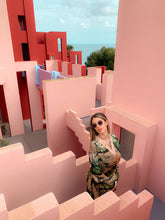 Load image into Gallery viewer, KIMONO for beach with green and gold perfect for summer days natural look with sustainable fabrics, ethical work. Shot in MUralla rOJA, Spain, visit spain and muralla roja