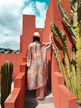 Load image into Gallery viewer, BLUE KIMONO LIGHTWEIGHT PERFECT FOR SUMMER DAYS AND BEACH, THE PHOTO IS IN MURALLA ROJA SPAIN CACTUS KIMONO FOR WOMEN SUSTAINABLE ETICHAL
