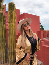 Load image into Gallery viewer, KIMONO GOLD FOR SUMMER AND PARTY FESTIVAL LOOK FOR WOMEN INSPIRATION PINTEREST, STYLED WITH HAT AND VAND SHOES, PICTURES IN mURALLA rOJA spain, Sustainable fabric, ethical work, small business
