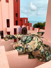 Load image into Gallery viewer, KIMONO for beach with green and gold perfect for summer days natural look with sustainable fabrics, ethical work. Shot in MUralla rOJA, Spain, visit spain and muralla roja
