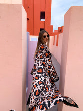 Load image into Gallery viewer, KIMONO ANIMAL PRINT LEOPARD, PERFECT FOR SUMMER AND BEACH AND PARTY, STYLED WITH BLACK BOOTS AND BLACK SHORTS, BREATHABLE MATERIAL, SUSTAINABLE FABRIC, ETHICAL BRAN, KIMOIO
