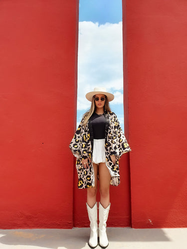 kimono with animal print, leopard print, short kimono styled with white shorts and white boots perfect for summer and spring, timeless piece perfect for bold women