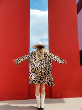 Load image into Gallery viewer, kimono with animal print, leopard print, short kimono styled with white shorts and white boots perfect for summer and spring, timeless piece perfect for bold women
